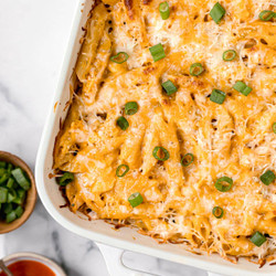 Healthy Buffalo Chicken Pasta Bake