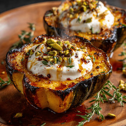 Savory Acorn Squash With Whipped Burrata And Chili-honey Pistachios
