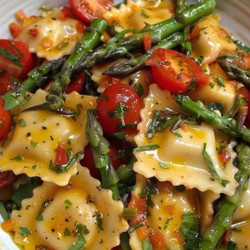 Ravioli with Tomatoes, Asparagus, Garlic, and Herbs