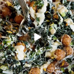 Kale "caesar" With Creamy Tahini-yogurt Dressing &amp; Crispy Spiced Chickpeas