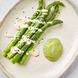 English Asparagus With Tahini Verde And Miso Aioli