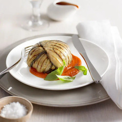 Baked Eggplant And Ricotta Sformato With Fregola And Roasted Tomato Sauce
