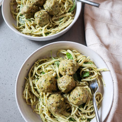 Kale Pesto Pasta With Pesto Chicken Meatballs