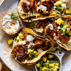 Chipotle Bbq Shrimp Tacos With Creamy Ranch Slaw.