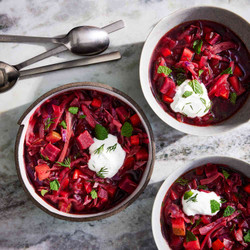 Beet &amp; Red Cabbage Borscht With Dill &amp; Mint Yogurt Cream