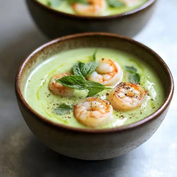 Soupe Froide De Concombre Et Avocat À La Menthe, Garniture De Crevettes Sautées À L’ail
