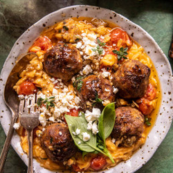 Crockpot Greek Chicken Meatballs With Creamy Tomato Orzo
