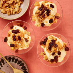 Nutmeg baked custard with hazelnut streusel and rum-soaked raisins