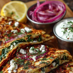 Mediterranean Quesadillas With Spinach, Feta, Mozzarella, And Red Onion