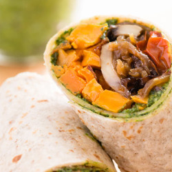 Roasted Sweet Potato Wraps With Caramelized Onions And Pesto