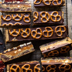 Salted Pretzel Chocolate Chip Cookie Snickers Bars