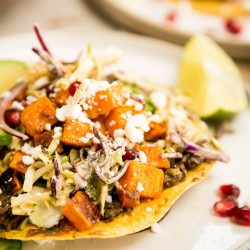 Tostadas With Smashed Black Beans, Roasted Sweet Potatoes &amp; Chipotle Lime Slaw