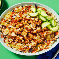 Sweet Heat Shrimp &amp; Cauli Bowls With Cabbage-carrot Rice &amp; Pickled Cucumber