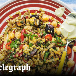Warm Grain, Chickpea And Aubergine Salad With Saffron Yogurt