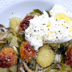 Sheet-pan Gnocchi With Sausage, Brussels, Mushrooms, And Burrata