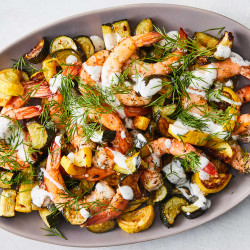 Roasted Zucchini And Shrimp With Za’atar Yogurt