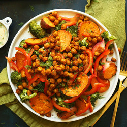 Roasted Broccoli Sweet Potato Chickpea Salad