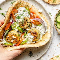 Herby Chicken Meatball Pitas With Jalapeño Tzatziki