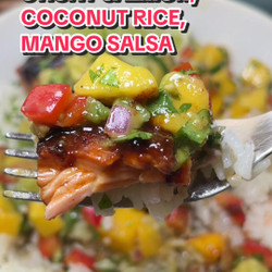Sticky Honey Sriracha Salmon With Coconut Rice And Mango Salsa