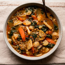 Lentils &amp; Potatoes Soup With Garlic Broth &amp; Greens