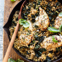 One Skillet Goat Cheese Stuffed Chicken And Orzo.