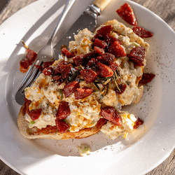 Warm Egg Mayonnaise With Spicy Chorizo, Rosemary And Garlic