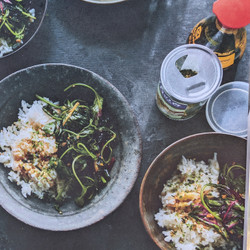 Sautéed Greens with Soy Sauce Rice and Furikake