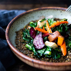 Roasted Root Veggies &amp; Greens Over Spiced Lentils