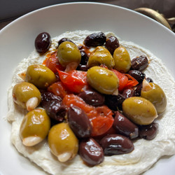 Honey Whipped Feta With Roasted Olives, Tomatoes And Garlic