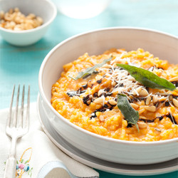 Butternut Squash Risotto With Pine Nuts, Balsamic Drizzle, And Fried Sage