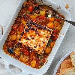 Broiled Feta With Garlicky Cherry Tomatoes &amp; Capers