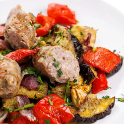 Sheet Pan Sausage, Eggplant And Peppers
