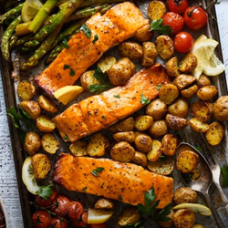 Sheetpan Salmon And Potatoes With Veggies