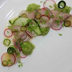 Kingfish Crudo With Miso Wasabi Avocado Mousse, Pickled Chilli And Orange Vinaigrette - Eatin' Mess