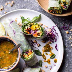 Veggie Spring Rolls With Thai Mango Dipping Sauce.