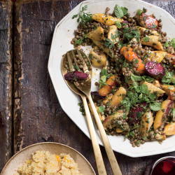 Warm Lentil And Root Vegetable Salad With Coconut Tzatziki