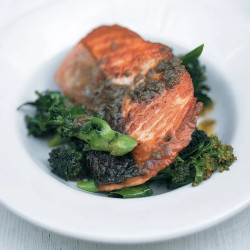 Pan-roasted Salmon With Purple Sprouting Broccoli And Anchovy-rosemary Sauce
