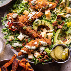 Black Pepper Pretzel Chicken And Avocado Bacon Salad