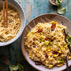 20 Minute Ramen Carbonara With Herb Buttered Corn