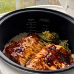 Teriyaki Salmon And Broccoli On Rice In A Rice Cooker