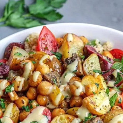 Roasted Potato, Spiced Chickpea &amp; Vegetable Quinoa Salad w/ Creamy Vegan Honey Mustard Dressing