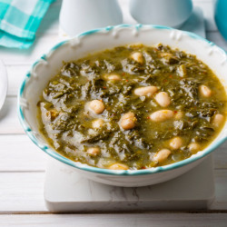 Karalahana Çorbası (Collard Greens Soup with Borlotti Beans and Sweetcorn)