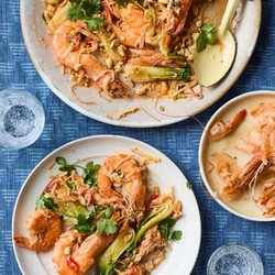 Seared king prawns with rhubarb and ginger sambol seafood