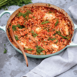 Greek Squid And Orzo one pan bake nigella seafood
