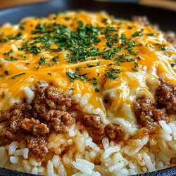 Garlic Butter Beef and Rice Skillet with Cheddar Parmesan Sauce