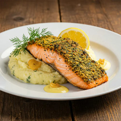 Salmão Com Crosta De Ervas E Puré De Batata Com Alho