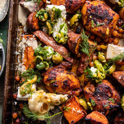 Sheet Pan Curry Butter Chicken With Sweet Potatoes And Tahini
