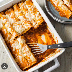 Chicken Enchiladas with Refried Beans and Jack Cheese