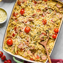 Creamy One Pan Boursin Orzo Bake (with Chicken Sausage)