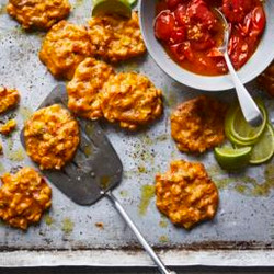 Lime And Chilli Sweetcorn Fritters With Roasted Tomatoes